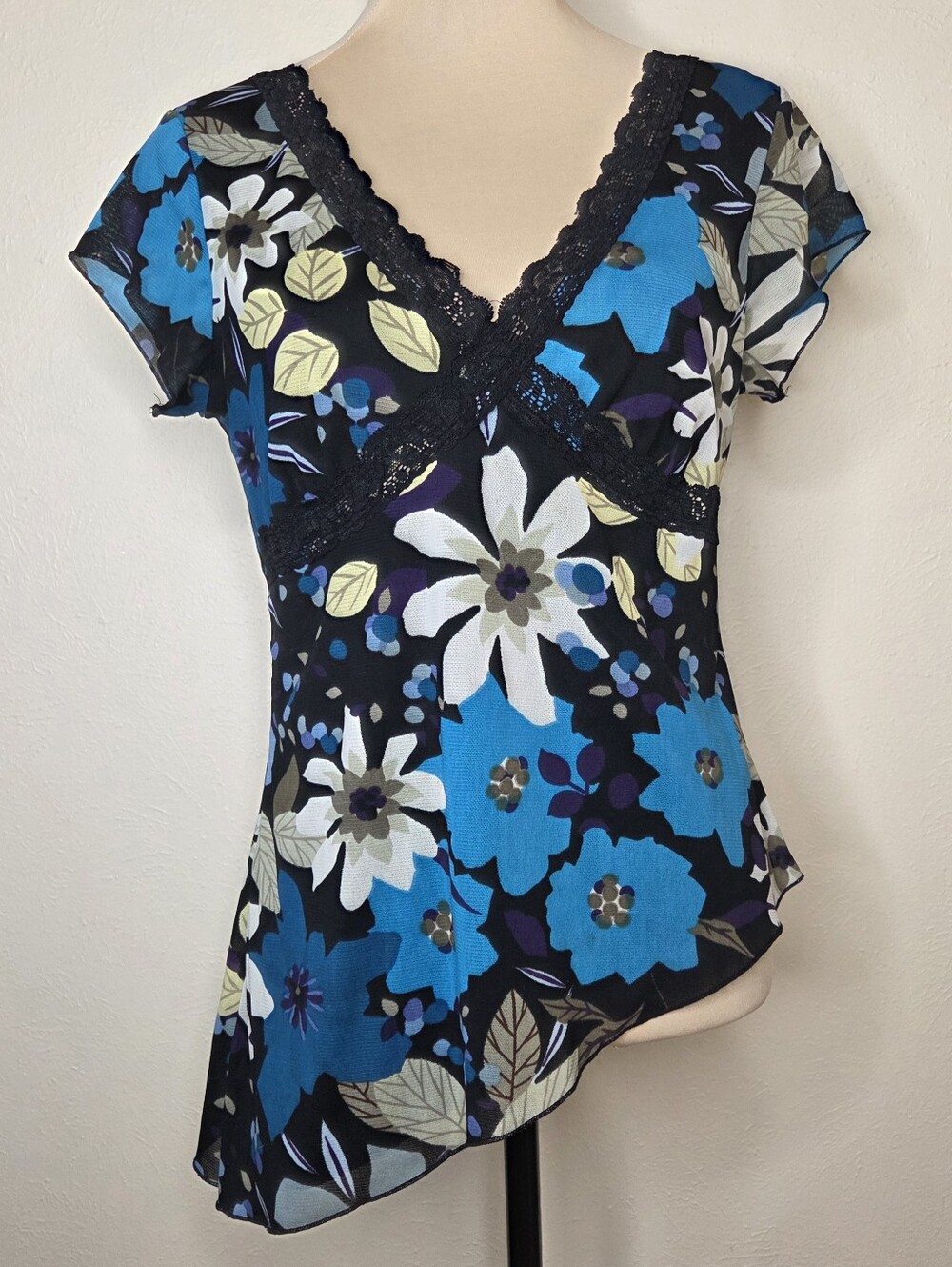 Self Esteem Y2K Floral Mesh Asymmetrical Top Lace Trim Fairycore Large